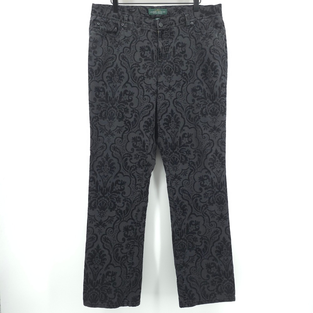Lauren Ralph Lauren Womens Jeans Modern Straight 14W Gray Damask Flocked Denim